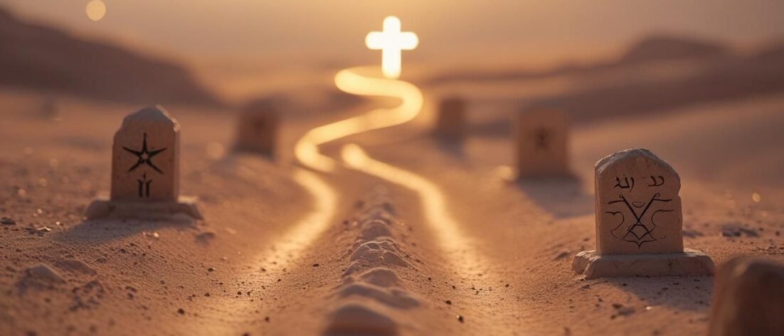 Ancient path leading to a cross symbolizing the true way in Christ, fulfilling God’s covenant with Abraham