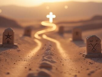 Ancient path leading to a cross symbolizing the true way in Christ, fulfilling God’s covenant with Abraham