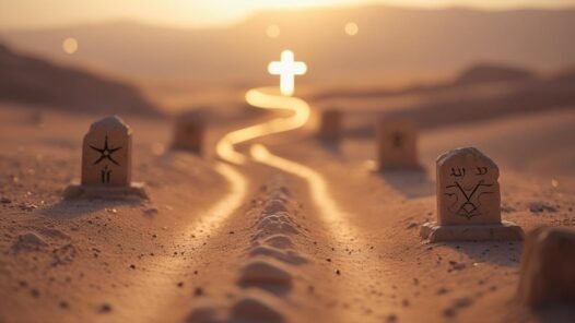 Ancient path leading to a cross symbolizing the true way in Christ, fulfilling God’s covenant with Abraham
